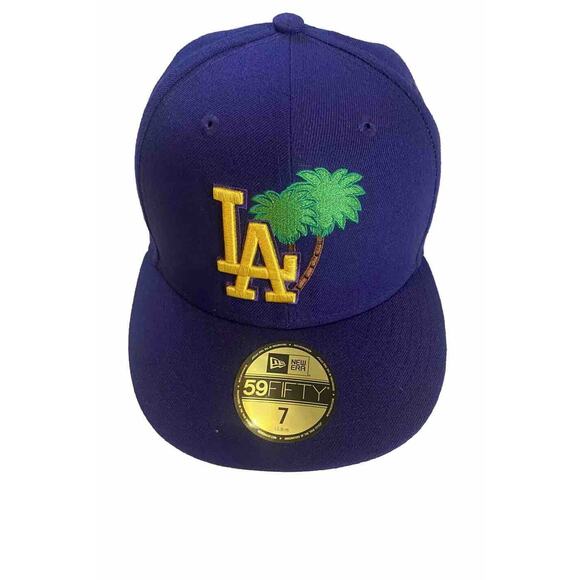 59Fifty New Era LA fitted baseball cap purple yellow w/palm trees size 7. EUC. - Picture 1 of 10